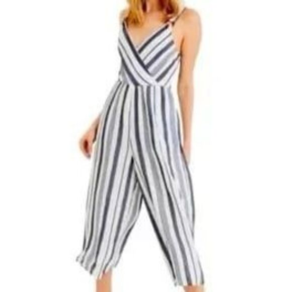 American Eagle Stripe Surplice Adjustable Ring Strap Smocked Back Jumpsuit M - Picture 1 of 7